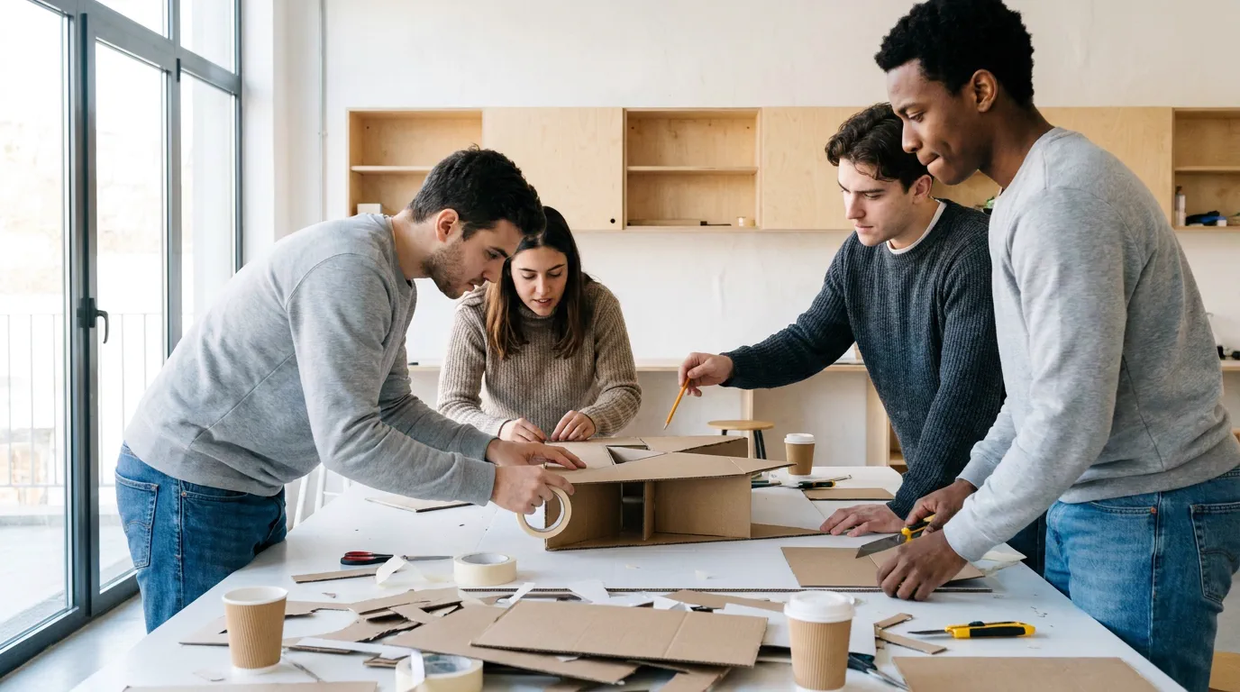 Cuatro jóvenes montan juntos un prototipo de cartón sobre una mesa blanca, con las manos de todos dentro del encuadre.