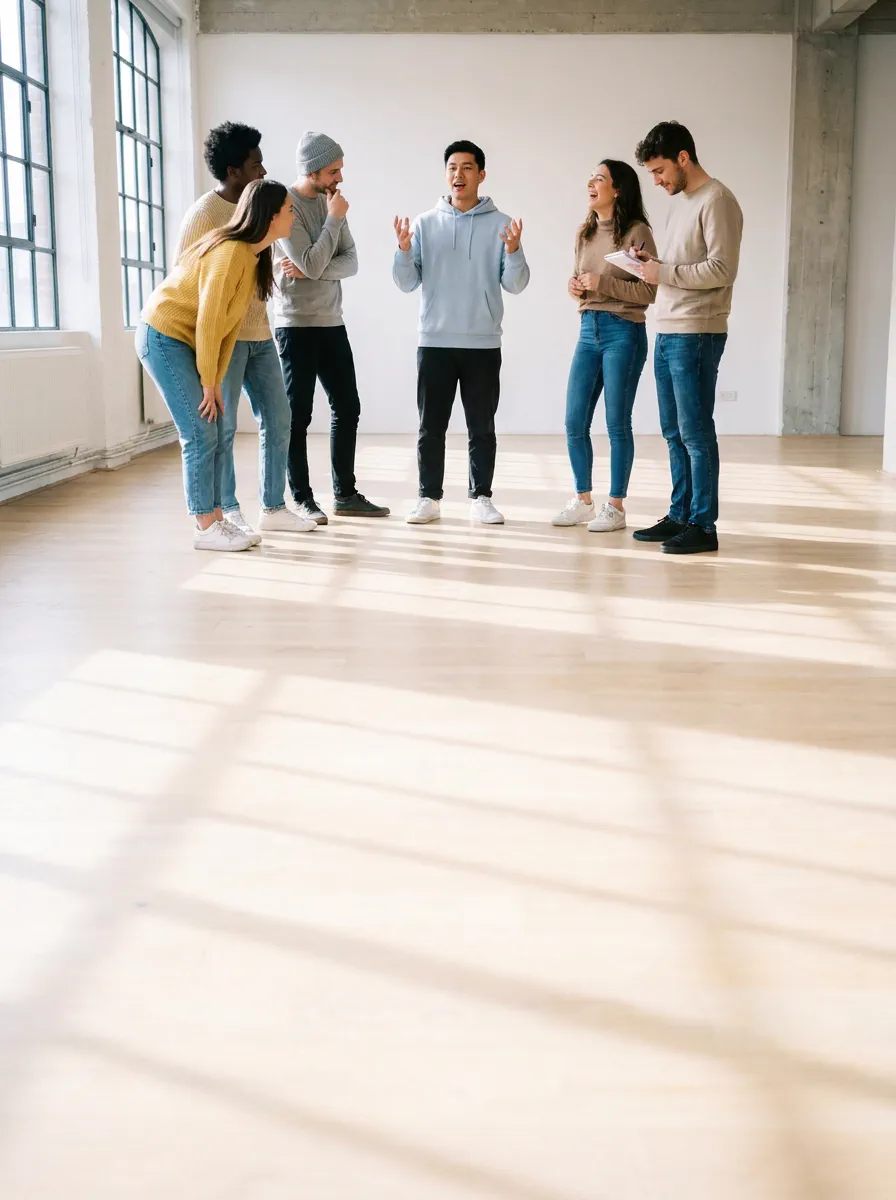 Seis jóvenes de pie en semicírculo dentro de una sala luminosa; uno habla con las manos abiertas y el resto escucha inclinado hacia él.